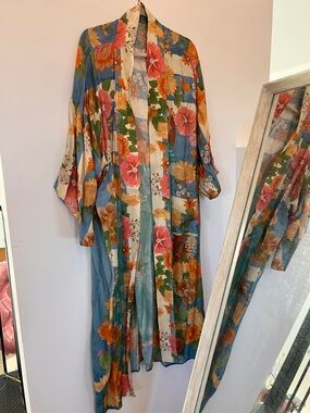 Spell Floral Kimono Jacket in Blue, Cream & Coral no belt